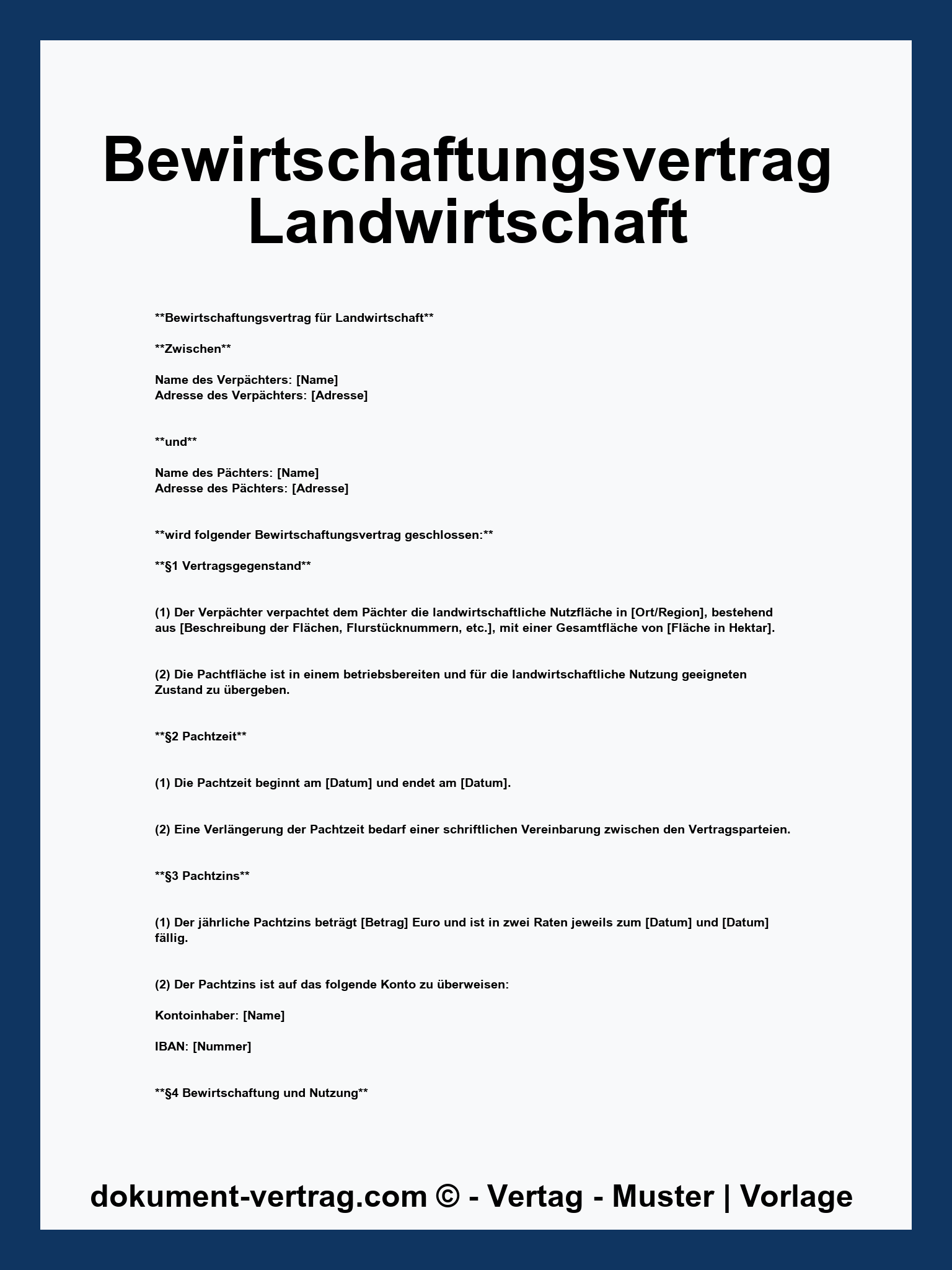 Bewirtschaftungsvertrag Landwirtschaft Vordruck