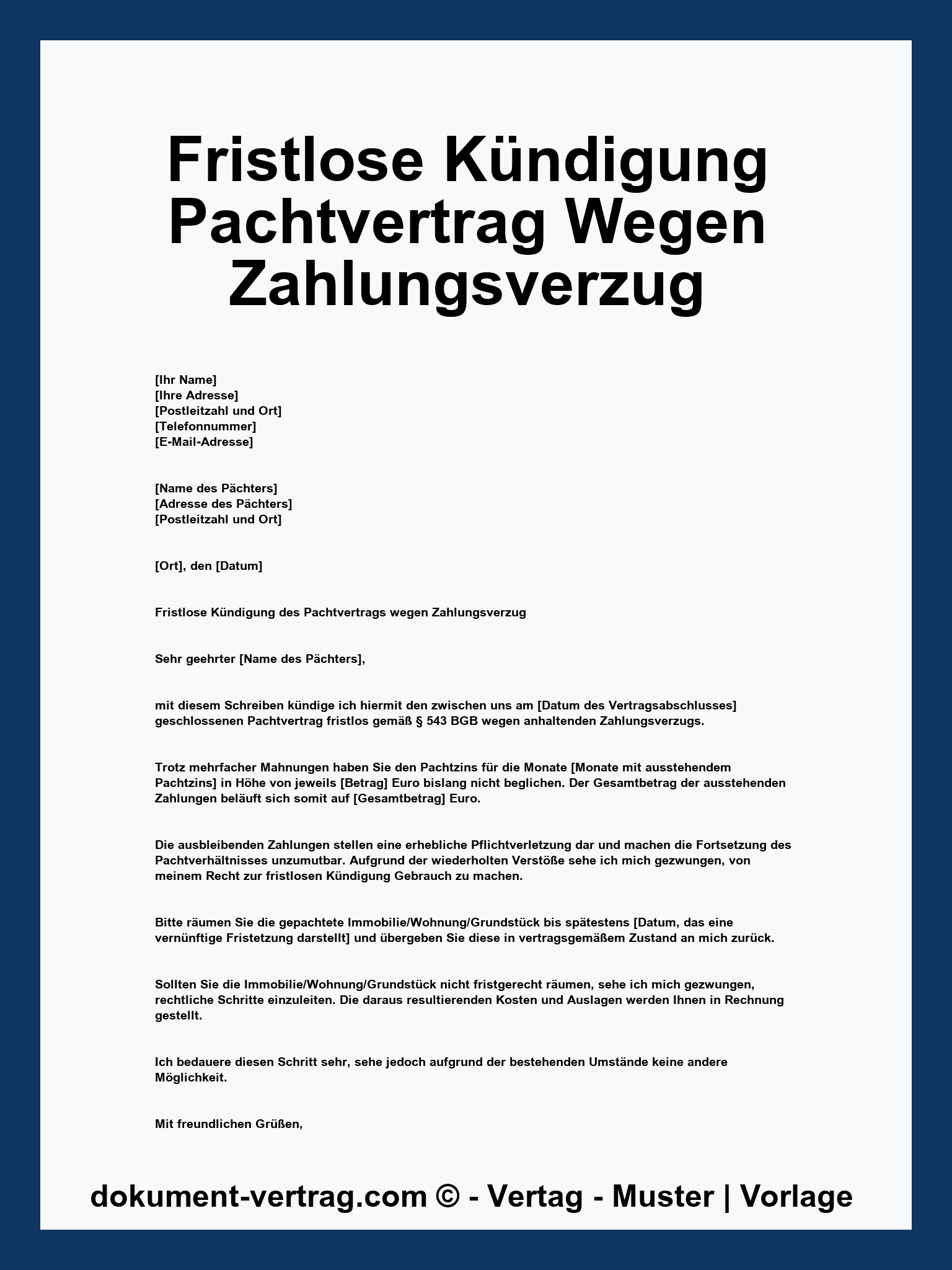 Fristlose Kündigung Pachtvertrag Wegen Zahlungsverzug Muster
