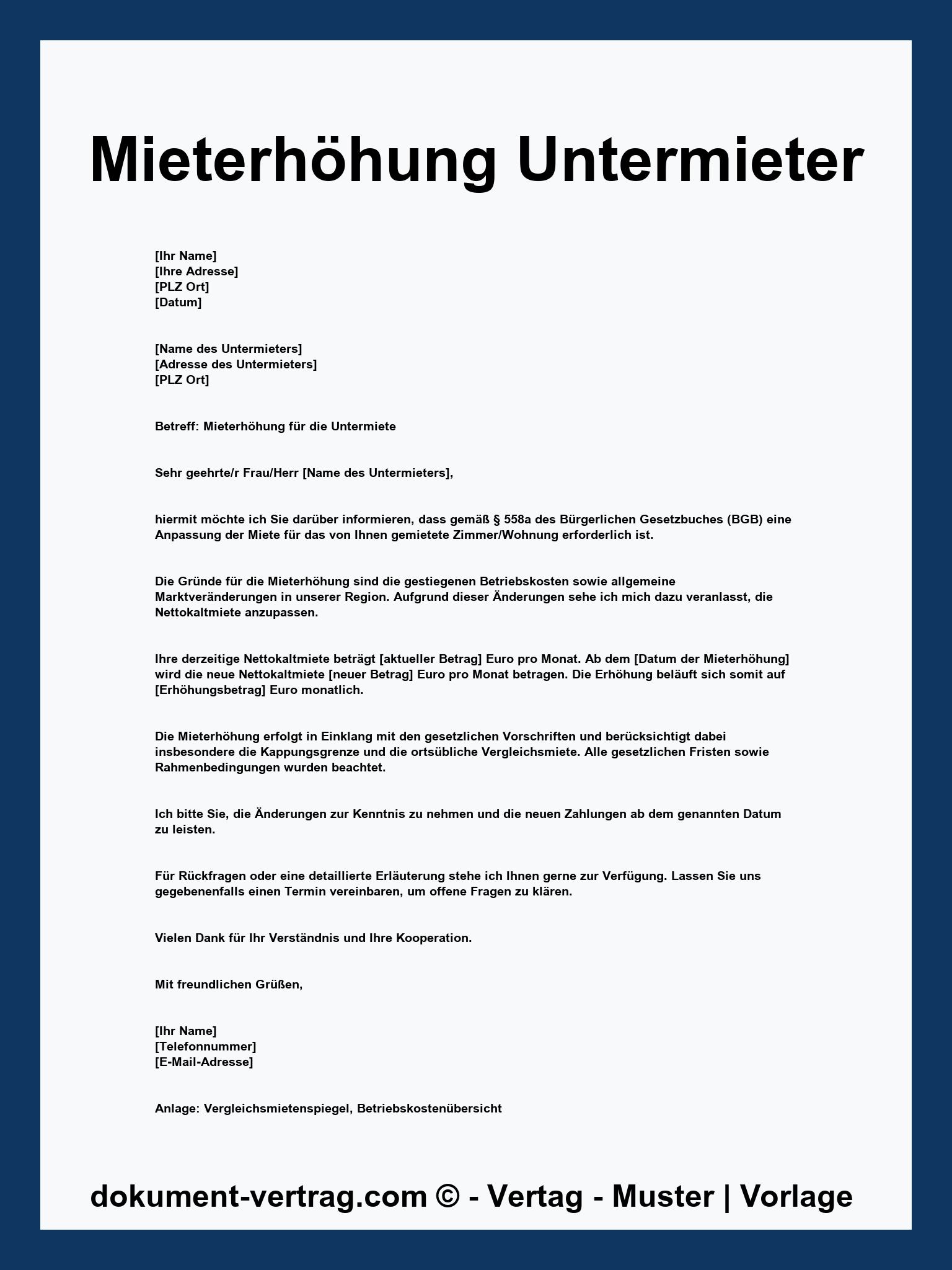 Mieterhöhung Untermieter Vorlage