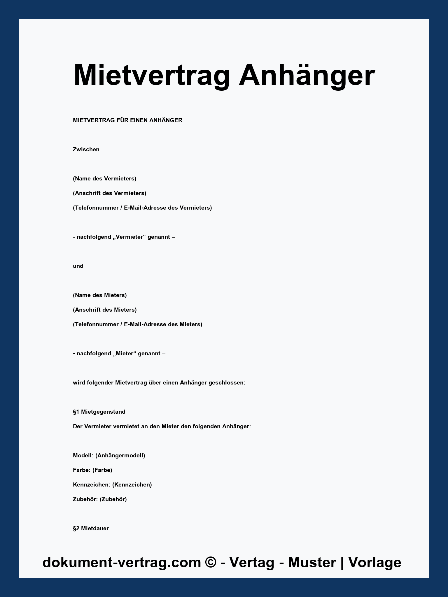 Mietvertrag Anhänger Muster Kostenlos