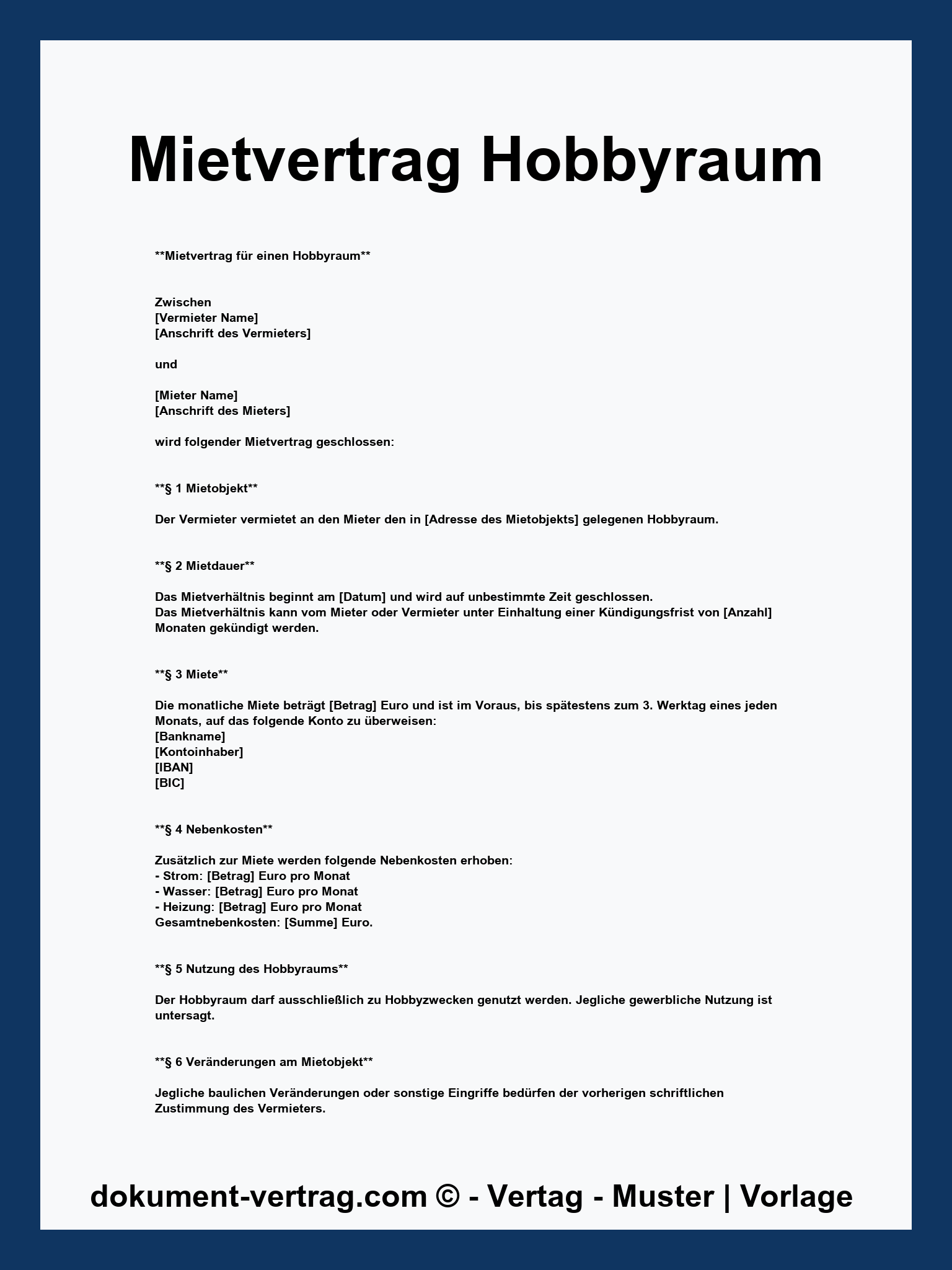 Mietvertrag Hobbyraum Vorlage