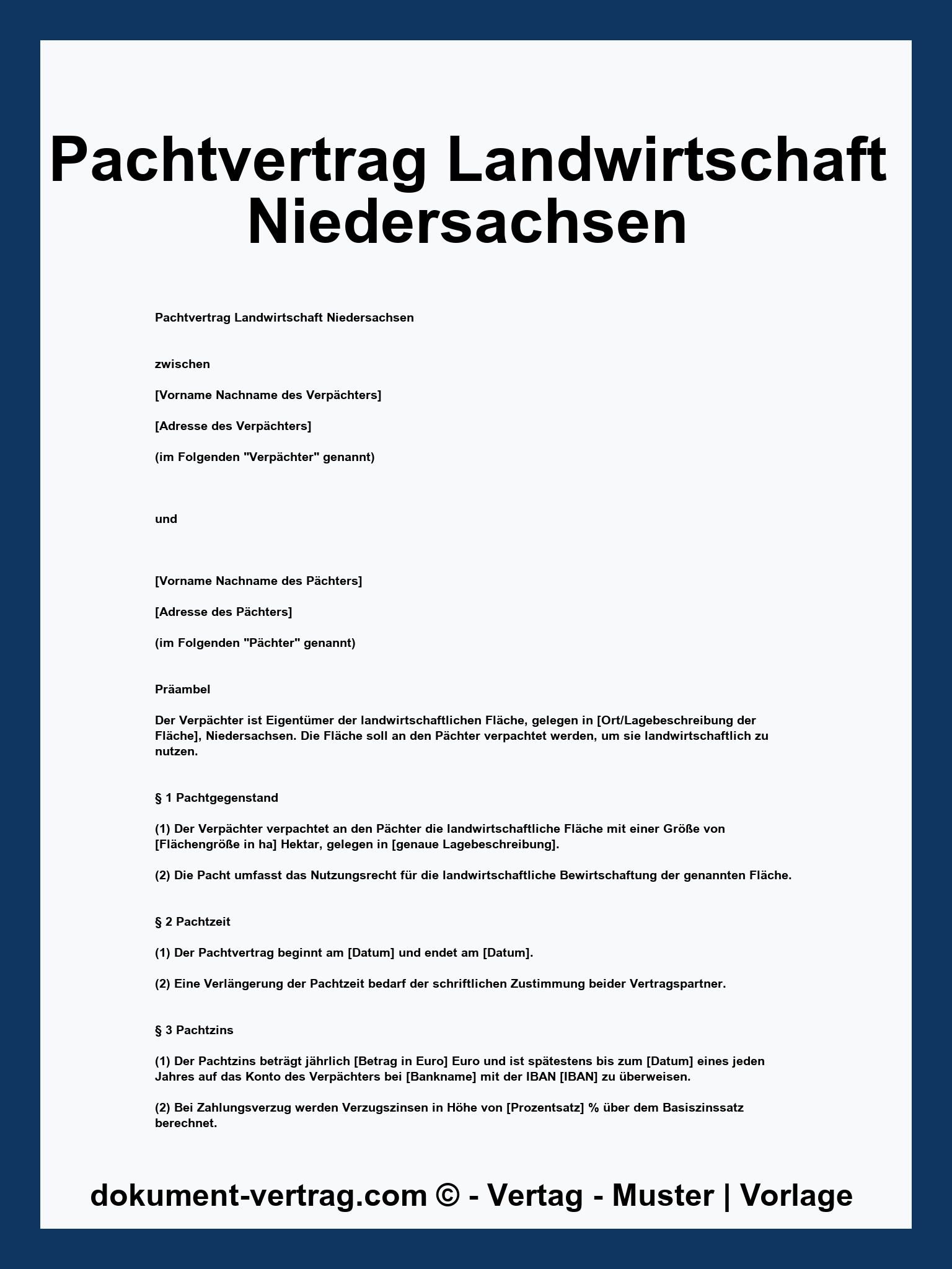 Pachtvertrag Landwirtschaft Niedersachsen Muster