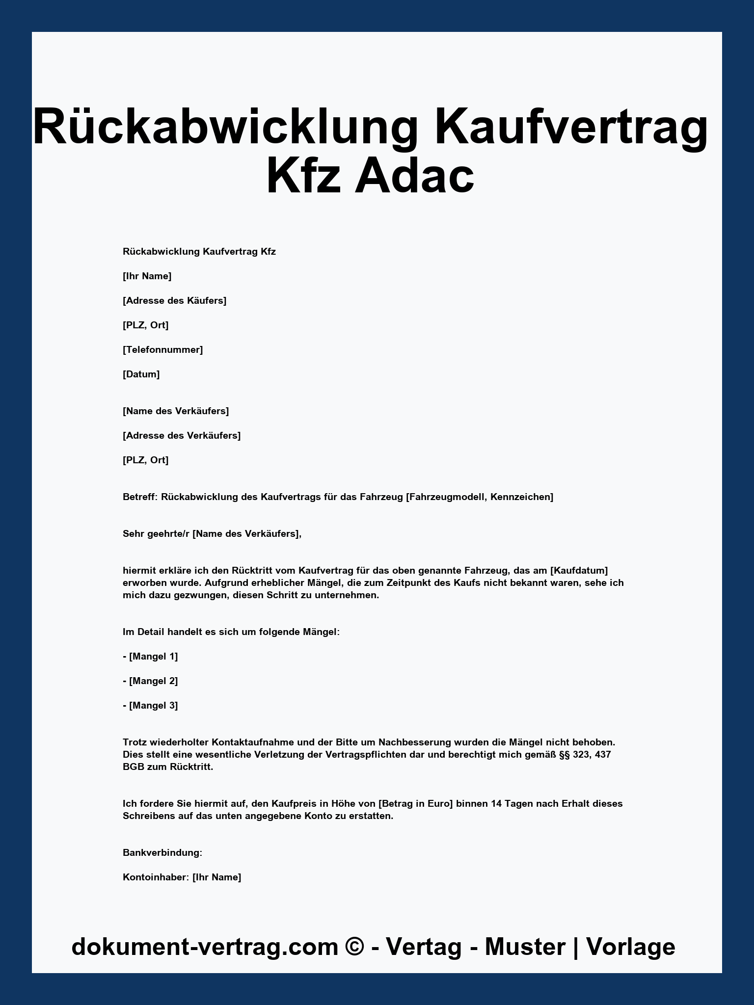 Rückabwicklung Kaufvertrag Kfz Muster Adac