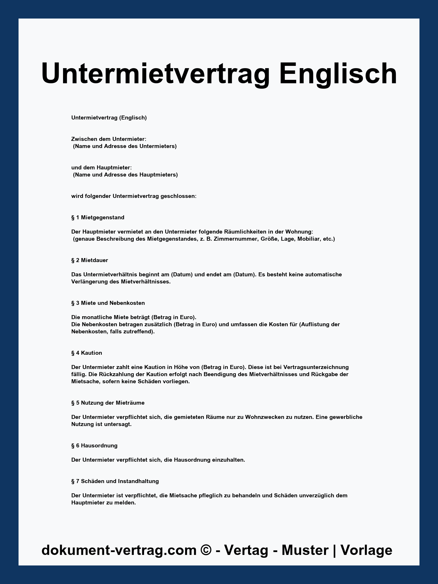 Untermietvertrag Vorlage Englisch
