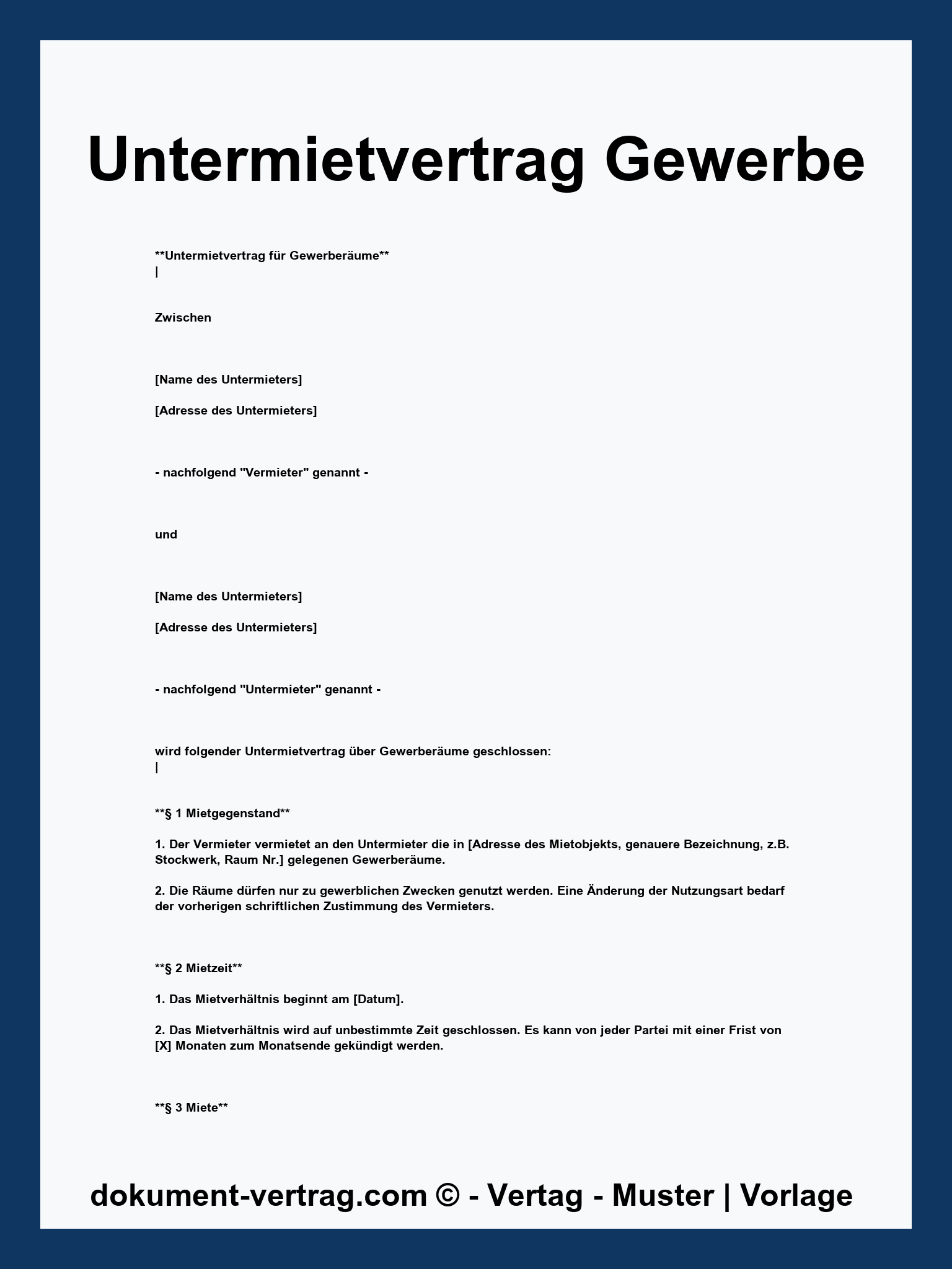 Untermietvertrag Gewerbe Vorlage - WORD