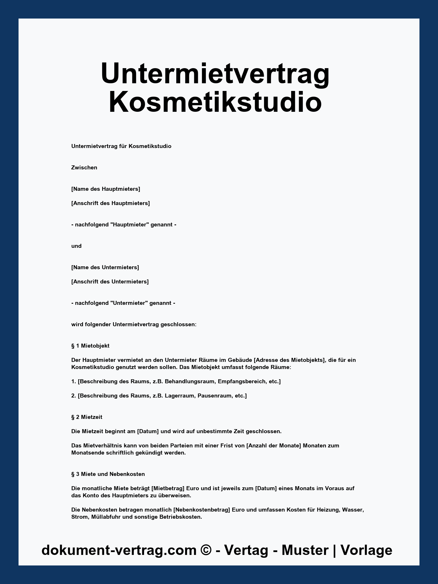 Untermietvertrag Kosmetikstudio Vorlage